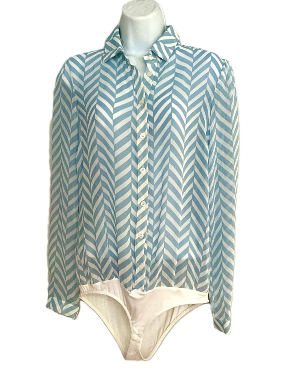 H2O Italia Sheer Bodysuit Blouse Blue Chevron Button Front Size M